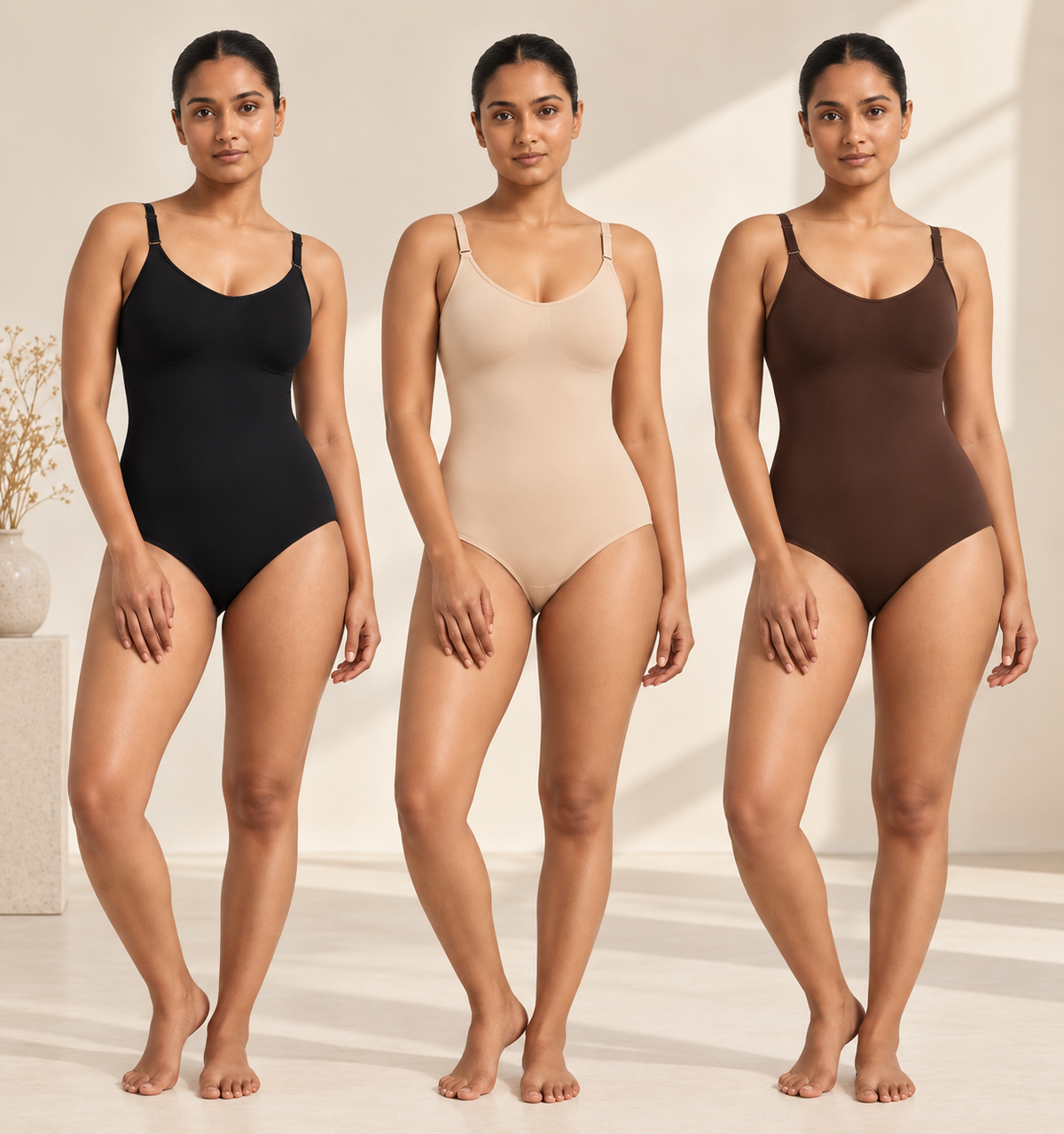 Sculpt & Support Bodysuit V- Shape Trio – 3-Pack | Black, Beige & Brown